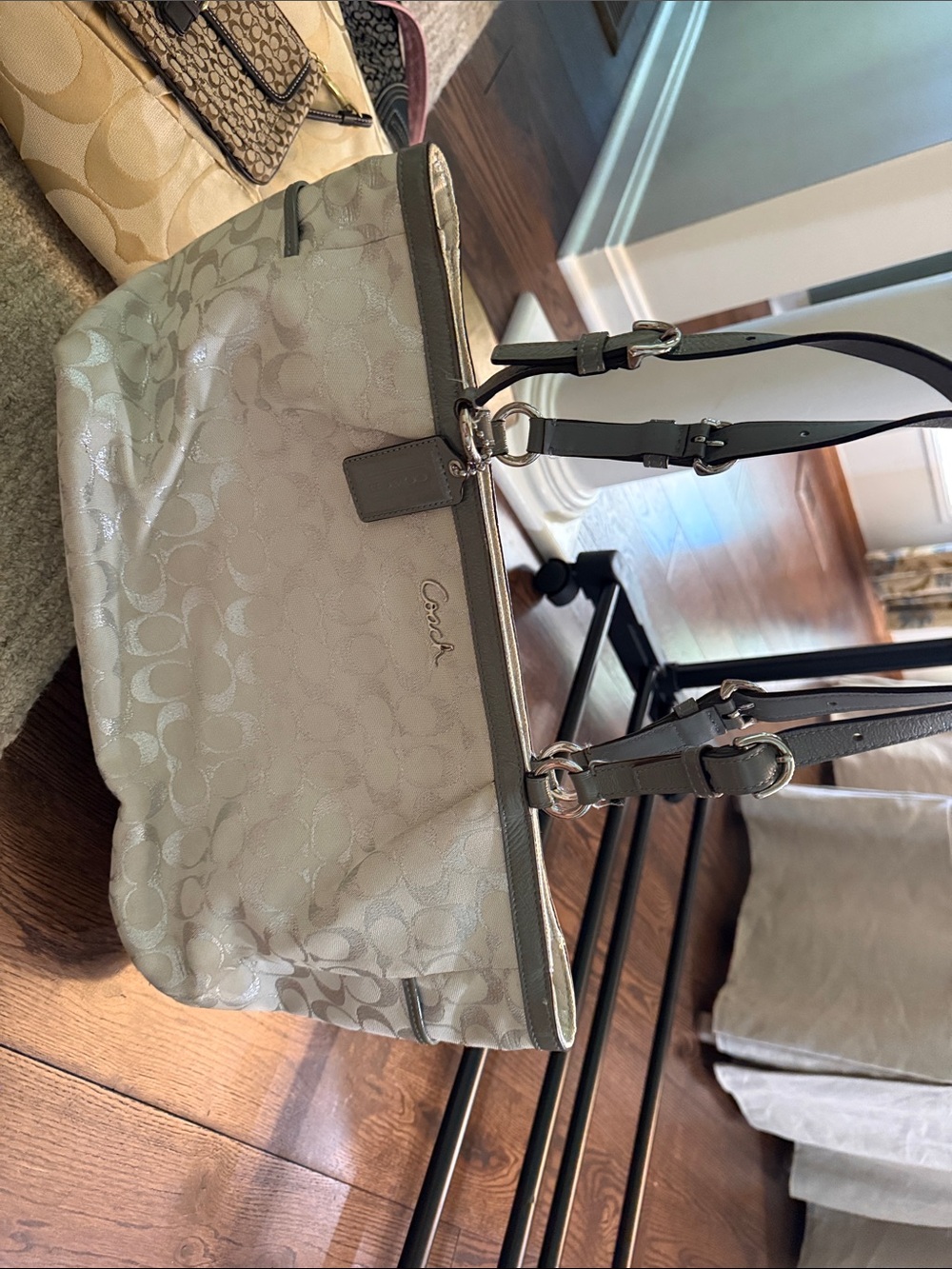 Coach Pale Gray Signature Tote with Leather Trim